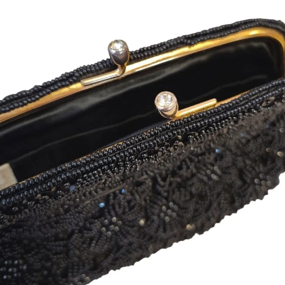 VTG 50s 60s Black Handmade Hong Kong‎ Beaded Sequins Kiss Lock Clutch
